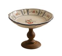 Coupe à fruits Coupe à fruits en céramique à motif floral, socle en bois, plat de service rustique for apéritifs, décoration de table de style campagnard Décoration de bureau(Grand)