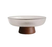 Coupe à fruits Coupe à fruits en verre côtelé avec base en bois, plat de service décoratif moderne for la cuisine et la table à manger Décoration de bureau(Grand)
