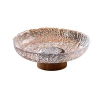 Coupe à fruits en verre texturé avec base bois, plat de service décoratif for et amuse-gueules Bol à fruits pour table(Transparent,Grand)