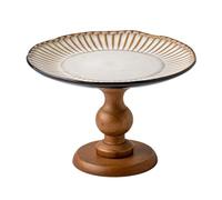 Coupe à fruits Présentoir à fruits sur pied en céramique côtelée, base en bois, style rustique chic, idéal for servir de centre de table ou de dessert. Décoration de bureau
