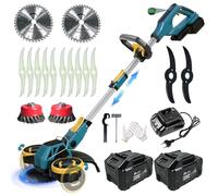 Coupe Bordure sans Fil avec 2 x 4.0Ah Batterie, 4 en 1 Debroussailleuse Electrique sans Fil avec 4 Types de Lames, 21V Débroussailleuse à Batterie Brushless avec Brosse Désherbage,Roues,Bleu