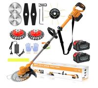 Coupe Bordure sans Fil avec Batterie 4 en 1 Debroussailleuse Electrique sans Fil 21V Débroussailleuse à Batterie Brushless avec 2 Batteries 4.0Ah, Brosse Désherbage et 1 Bobines,Orange,c