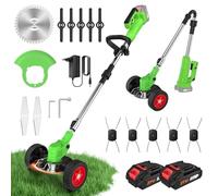 Coupe Bordure sans Fil avec Batterie et roulettes, Débroussailleuse Électrique sans Fil Pliable 800W 4-en-1, 2 Batteries 21V, Tête Pivotante 90°, Poignée Réglable, 4 Types Lames, pour Jardin