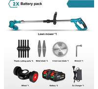 Coupe-bordures sans fil - Tondeuse à gazon électrique - Moteur sans balais de 1 500 W - Largeur de coupe de 12,5 cm - Batterie 18–21 V - Poignée rabattable - 2 batteries