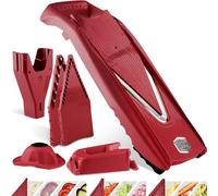 Coupe-Légumes Börner V5 (Profi Set) • Mandoline Réglable en V • 7 pièces avec 10 Épaisseurs de Coupe • Lame en Acier Inoxydable • Set de Mandoline + Station d'Accueil • Rouge