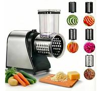 Coupe-Légumes Électrique 250W, Râpe Électrique 5 en 1 en Acier Inoxydable avec 5 Lames et Cheminée XL pour Légumes, Fruits, Fromage et Usage Quotidien