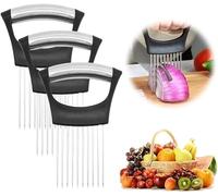 Coupe-Légumes Porte-Oignons 2026 - Trancheuse en Acier Inoxydable avec 10 Aiguilles, Gadget de Cuisine Multifonction pour Oignons, Tomates, Pommes de Terre, Citrons et Viande (3PCS)