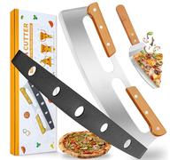 Coupe Pizza, Couteau Pizza Grand en Acier Inoxydable avec Pelle à Pizza et Couvre-Lame, Couteau à Pizza Tranchant Professionnel qui Poignée en Bois, Lavable au Lave-Vaisselle, pour Pizza, Gâteau(35cm)