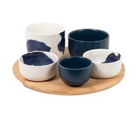 Coupelles apéritives en céramique blanche, noire et bleue (x5) et plateau en bambou 30.5x9.5x30.5cm Blanc