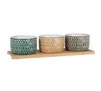 Coupelles apéritives en céramique motifs graphiques multicolores (x3) et plateau en bambou 32x7x11cm Vert