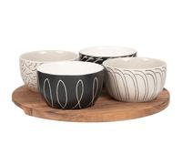 Coupelles apéritives en céramique motifs graphiques noirs et beiges (x4) et plateau en acacia 25x9x25cm Beige
