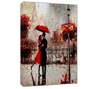Couple Dancing avec gouttes de pluie Parapluie Rouge Peinture à l'huile sur toile sur cadre d'Acheminer Art mural Décoration de la Maison, 30'' x 20'' inch ( 76x 50 cm ) -18mm depth