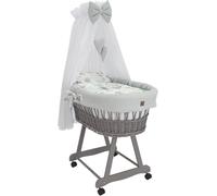 Couplet de lit en osier Wiklinopol pour bébé, avec auvent et structure Lena – Panier de bercement en gris, ensemble complet avec un ensemble de literie à motifs "Hérisson et ses amis" en gris – Avec r