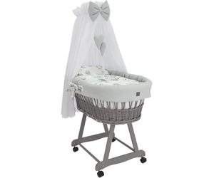 Couplet de lit en osier Wiklinopol pour bébé, avec auvent et structure Lena – Panier de bercement en gris, ensemble complet avec un ensemble de literie à motifs "Hérisson et ses amis" en gris – Avec r