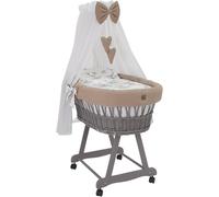 Couplet de lit en osier Wiklinopol pour bébé, avec auvent et structure Lena – Panier de bercement gris, ensemble complet avec un ensemble de literie à motifs safari beige (5 pièces) – Monté sur roulet