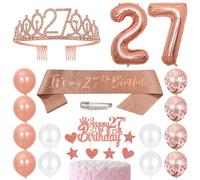 Couronne d'anniversaire 27 ans pour femme en cristal Queen Tiara Princesse Couronne 27 ans Décoration de gâteau d'anniversaire Ballons en aluminium Or rose Ballon chiffre 27 Décoration d'anniversaire
