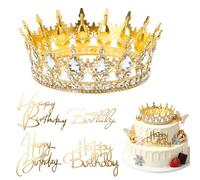 Couronne d'anniversaire pour gâteau - Couronne de gâteau d'anniversaire pour fille et femme - Couronne en cristal avec 4 décorations de gâteau Happy Birthday - Diadème scintillant - Couronnes pour