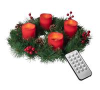 Couronne de l'Avent artificielle Ø 45 cm avec 4 bougies LED en cire véritable rouge ou crème | télécommande pratique avec minuterie et fonctions d'éclairage | bougeoir inclus | sans aiguille (rouge)