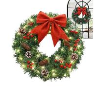 Couronne de Noël artificielle pré-éclairée avec nœud papillon rouge - Couronne d'hiver lumineuse - Couronne de porte de Noël de 50 cm - Fournitures de fête pour porte, mur, cheminée, décoration de