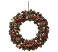 Couronne de noël avec Houx et étoiles à suspendre en bois et polystyrène - Diamètre 50 cm - Rouge, Vert et Marron