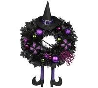 Couronne de porte d'Halloween 66 cm – Couronne effrayante artificielle avec des paillettes, couronne de sorcière avec chapeau et jambes, araignée et citrouille – Décoration d'automne violette pour les