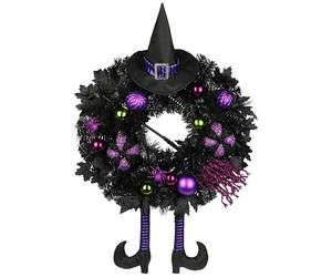 Couronne de porte d'Halloween 66 cm – Couronne effrayante artificielle avec des paillettes, couronne de sorcière avec chapeau et jambes, araignée et citrouille – Décoration d'automne violette pour les