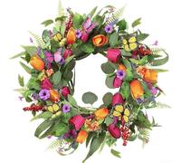 Couronne de printemps artificielle avec papillons et eucalyptus | Guirlande de fleurs artificielles de 55,9 cm pour porte d'entrée | Mur | Mariage | Décoration d'intérieur toute l'année