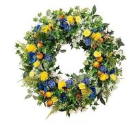 Couronne de printemps, pour porte d'entrée et décoration florale artificielle à suspendre au mur, avec des fleurs vives et de la verdure pour une décoration saisonnière idéale, pour intérieur ou