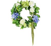 Couronne décorative artificielle 23 cm bleu blanc vert avec hortensias et roses