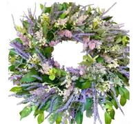 Couronne d'eucalyptus artificiel avec fleurs violettes - Guirlande florale réaliste en soie pour heurtoir de porte d'entrée, mariage et festival, décoration d'intérieur, entrée printanière légère (40
