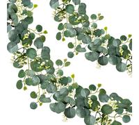 Couronne d'eucalyptus en deux parties, guirlande artificielle de 1,8 m de long avec des feuilles vertes et des fleurs blanches, branche d'eucalyptus à feuilles argentées pour décor de mariage, arc, ve