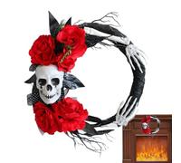 Couronne d'Halloween effrayante artificielle en forme de crâne | Couronne squelette de fleurs d'Halloween pour escalier, cheminée, portail, terrasse, accessoires photo, mur
