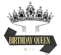 Couronne et écharpe d'anniversaire, écharpe de reine et diadème en strass pour femme, décoration de fête d'anniversaire, noir, taille unique