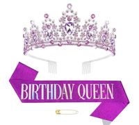 Couronne et écharpe d'anniversaire, écharpe de reine et diadème en strass pour femme, décoration de fête d'anniversaire, violet, taille unique