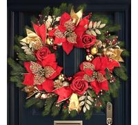 Couronnes de Noël pour porte d'entrée, couronnes d'hiver pour décoration de Noël intérieure et extérieure, couronne de porte de Noël avec fleurs de Noël rouges et boule dorée, pommes de pin, feuilles,
