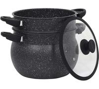 Couscoussier en Aluminium, Revêtement Pierre, Anti-adhésif, Cuiseur Vapeur 2 Étages, Couvercle en Verre avec Bord Silicone, Tous Feux Dont Induction, Noir (4Litre-20cm)