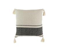 Coussin 40x40cm Style Berbère Beige Motifs Géométriques Noirs avec Pompons Déhoussable - KALDIA -