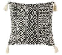 Coussin 40x40cm Style Ethnique Noir et Blanc Déhoussable avec Pompons - RAFY -