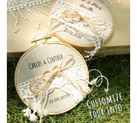 Coussin à alliances personnalisé avec nom du couple & date, en tissu dentelle florale, porte-alliances de mariage rustique personnalisé avec nœud à pompon, style bohème de ferme, coussin à alliances d