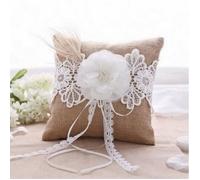 Coussin d'alliances - Yorbesta - Vintage - Toile de jute - Fleur blanche - 20x20 cm