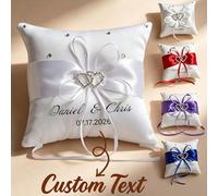 Coussin de bague de mariage personnalisé, coussin de bague personnalisé, design double cœur en strass, nom et date personnalisables, décoration élégante pour la fête de mariage, plateau de bague conçu
