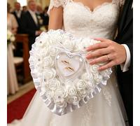 Coussin de porteur d'alliances en forme de cœur en rose artificielle blanche pour mariage, avec des strass brillants et un ruban en satin. Décoration romantique pour la cérémonie de mariage Acrylique