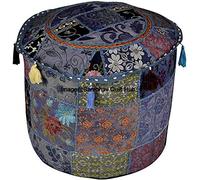 Coussin de sol traditionnel indien en coton brodé à la main - Coussin de sol et coussin patchwork - Housse de pouf bohème brodée à la main - Gris - 35,6 x 55,9 cm
