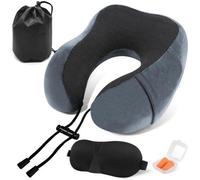 Coussin de voyage Benzoa® pour le cou, en mousse à mémoire de forme, avec support pour le menton – réglable, housse en mesh/velours amovible, pliable, inclut un masque de sommeil, des bouchons d'oreil