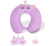 Coussin de voyage en mousse à mémoire de forme avec masque de sommeil et bouchons d'oreille - Pour enfants et adultes, voyage en voiture, avion, train