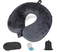 Coussin de Voyage Gonflable, Oreiller de Voyage Compact avec Masque et Bouchons d'oreilles, Coussin Avion Gonflable Ultra Léger - pour Avion, Train, Bureau - Noir