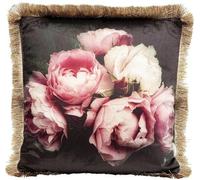 Coussin décoratif Unyqoos® carré, 45x45 cm, en polyester, avec un motif floral sur fond noir et des franges, comprenant le rembourrage et une fermeture éclair, multicolore