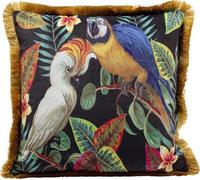 Coussin décoratif Unyqoos® Dekokissen, 45x45 cm – coussin carré en polyester, fabriqué à la main, multicolore avec un motif de perroquets et orné de franges décoratives