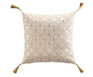Coussin déhoussable en coton avec pompons et motif éventails métallisés Rafina - Beige et Doré - 40 x 40 cm Beige G