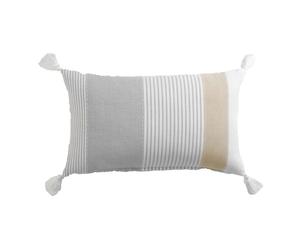 Coussin déhoussable ILLIADE 30×50 cm - coton imprimé à rayures, pompons